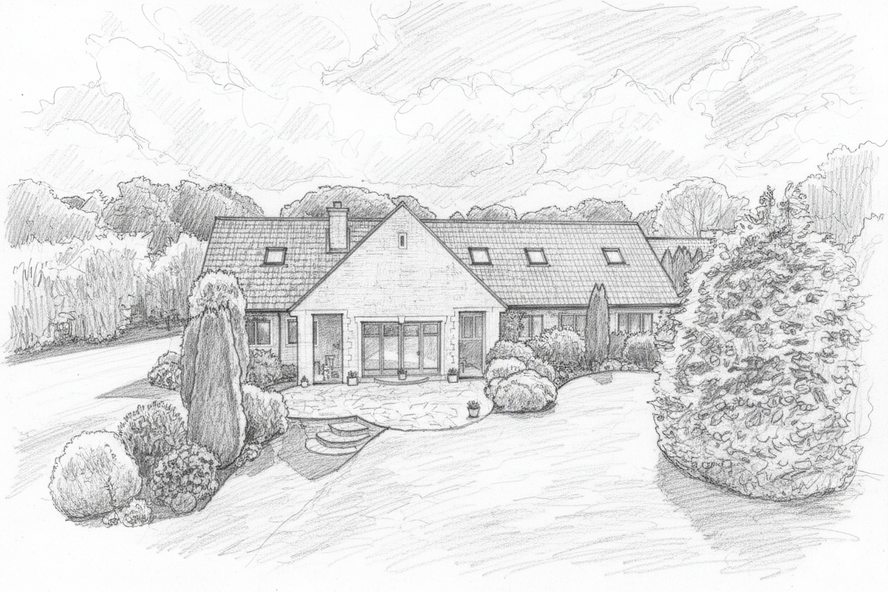 Hand-sketched architectural drawing of a house